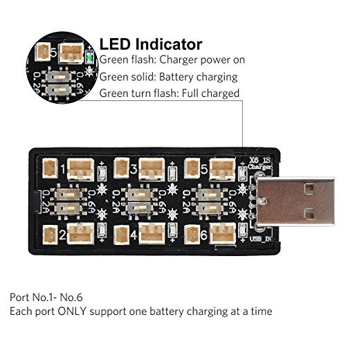1S LiPo Battery USB Charger 3.7V/4.20V 6-Channel for Tiny Whoop