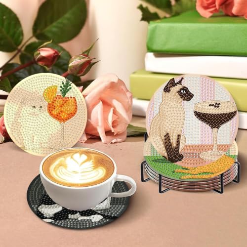 8 PCS Cocktail Cat Diamond Art Coasters with Holder - color: Cocktail
