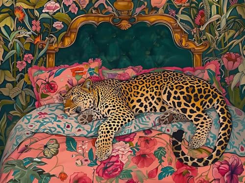ZeeLionArt Diamond Art Kit, Sleeping Leopard Floral Bed, 16x12 Inch - color: DP04663