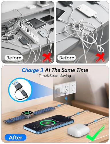 1Pack Travel Essentials for Apple Watch Charger,3-in-2 Multi Charging Cable - color: Black, size: 1Pack-6 FT