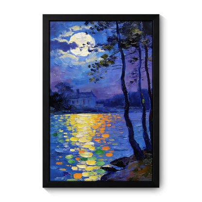 Seaofcity Moonlit Lake Landscape Wall Art, Framed Wall Art for Living Room, Night Blue Scene with Moon Reflection and Distant Cabin, Oil Painting on Canvas, Black Wood Frame, 12" W x 16" L - color: Moonlit Water Lilies, size: 16"l X 12"w