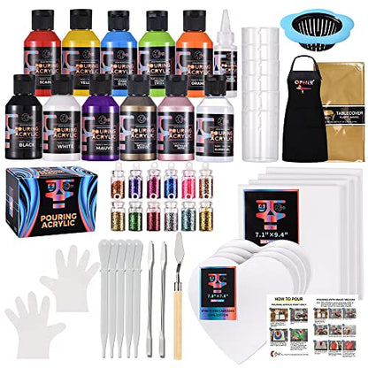 OPHIR Acrylic Pouring Paint Set, 10 Colors with Pouring Medium & Varnish - color: Complete Pouring Paint Kit (Beginning Kit)