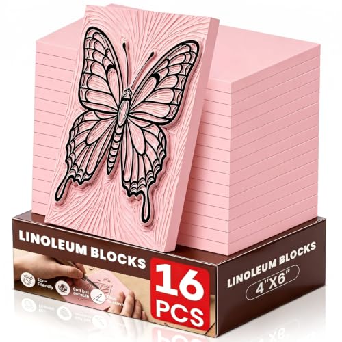 LINSIRON 16 Pcs Linoleum Blocks for Printmaking Supplies 4"x6" Pink Rubber - size: 4"x6" 16Pack