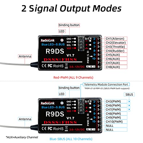 Radiolink AT9S Pro 10/12 Channels 2.4G RC Radio Transmitter and Receiver R9DS Long Range for FPV Racing Drone/Quad/Fixed Wing and More (Mode 2 Left Hand)