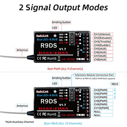Radiolink AT9S Pro 10/12 Channels 2.4G RC Radio Transmitter and Receiver R9DS Long Range for FPV Racing Drone/Quad/Fixed Wing and More (Mode 2 Left Hand)