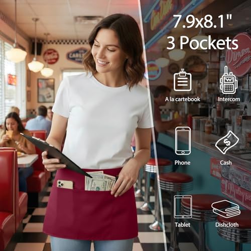 BOHARERS Waist Apron with 3 Pockets 12 Pack - Red Waitress Server Short Apron - color: 12 Pack Red