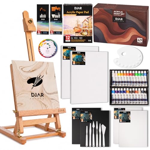 DJAR 49 Pcs Acrylic Art Set with 25" Adjustable Tabletop Wooden Art Easel - style: Tabletop Easel Set