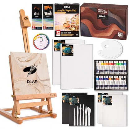 DJAR 49 Pcs Acrylic Art Set with 25" Adjustable Tabletop Wooden Art Easel - style: Tabletop Easel Set
