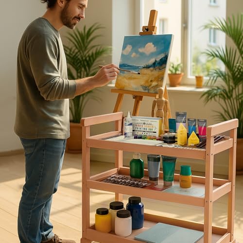 Falling in Art 3-Tier Beechwood Rolling Cart with Caster Wheels, Natural - color: Natural