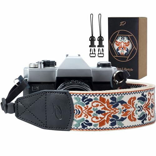 Padwa Lifestyle 2" Retro Jacquard Embroidery Camera Strap, Adjustable, Wide DSLR/SLR Camera Neck/Shoulder Strap with Genuine Leather Head (White Classic Flower) - color: Vintage Elegant White