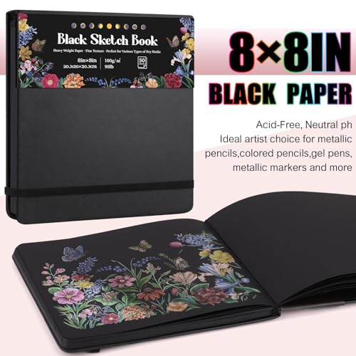 160gsm Black Paper Sketchbook 8 × 8 in, 50 Sheets Black Paper Notebook - size: 8×8 Inch (1 pack)