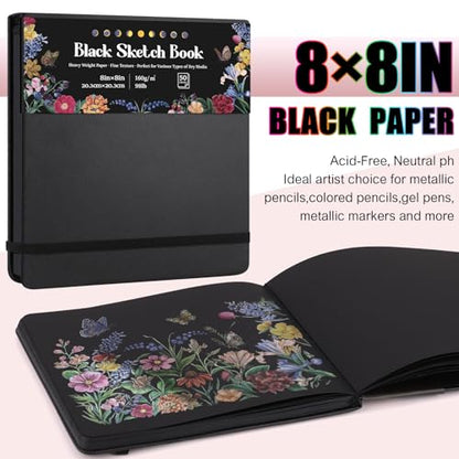 160gsm Black Paper Sketchbook 8 × 8 in, 50 Sheets Black Paper Notebook - size: 8×8 Inch (1 pack)