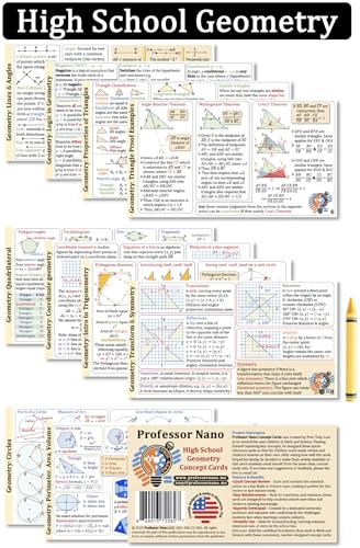 Professor Nano High School Geometry Concept Cards || 4x7.11 inches, Set of 11 || Cheat Sheet, Quickstudy