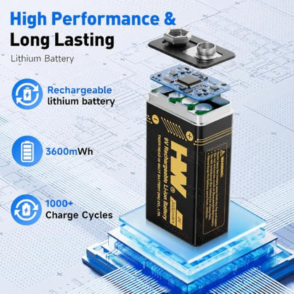 HW 9V Rechargeable Batteries 4 Pack, 3600mWh with 4-Slot Charger