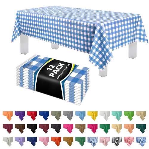 Grandipity Plastic Table Cloth Disposable 12 Pack 54” x 108” Rectangle - color: Blue Gingham Checkered, size: 54in. x 108in. Rectangle