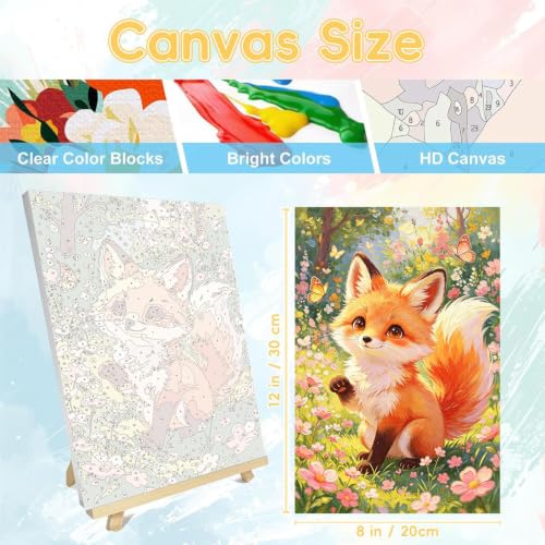 HITO Fox Paint by Numbers Kit for Kids with Frame Easel 8x12 inch - color: Spring Meadow Fox