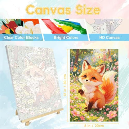HITO Fox Paint by Numbers Kit for Kids with Frame Easel 8x12 inch - color: Spring Meadow Fox