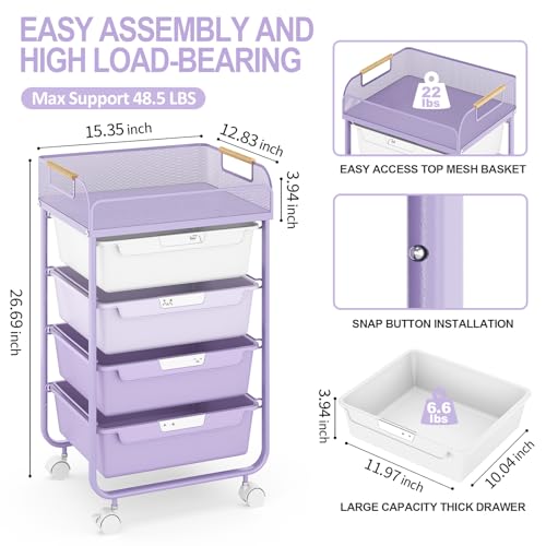 SYKIARIOL 4-Drawer Rolling Storage Cart with Mesh Top,Purple - color: Purple