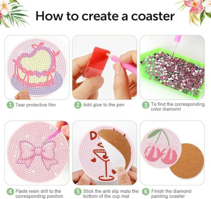 XUCNWL 8 PCS Pink Diamond Art Coasters with Holder,4X4 Inch - color: Pink