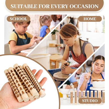 10pcs Clay Texture Rollers, Wooden Texture Roller for Clay, Pottery 10 Styles Potters Stamp Roller Tools 4.02 Inch Textured Rolling Pins Modeling Pattern Rollers Kit for DIY Handmade Art Supplies
