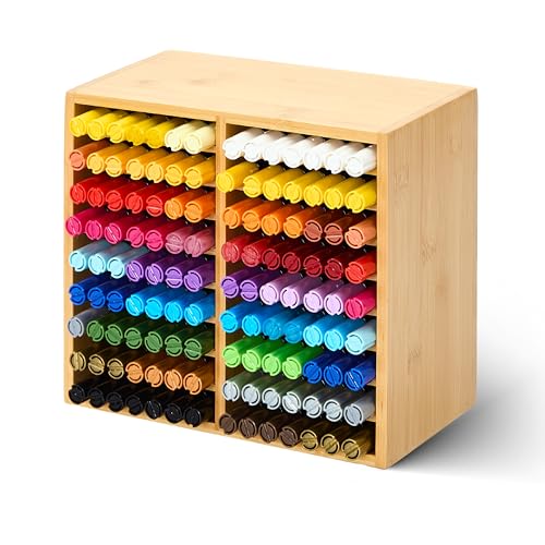 MEEDEN Bamboo Marker Holder Organizer: Holds 126 Pens with 18 Compartments - style: Holds 126 Markers