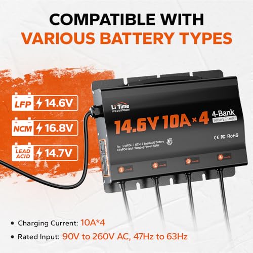 LiTime 4 Bank 12V 10A LiFePO4 Battery Charger, Waterproof, 14.6V Output