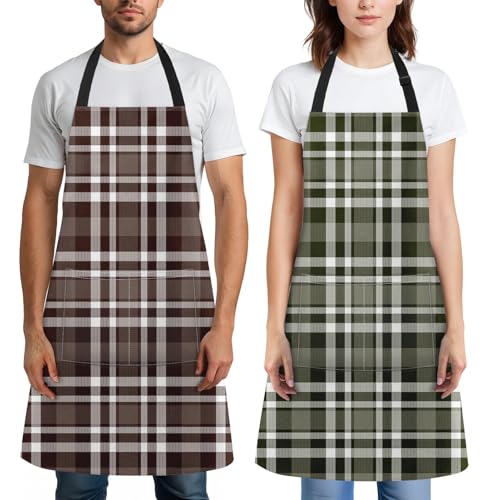 Britimes Apron with Pockets, 32x28 inch, 2 Pack, Checkered - color: Dark Brown Green