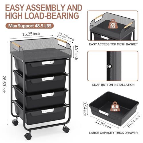 SYKIARIOL 4-Drawer Rolling Storage Cart with Mesh Top,Black - color: Black