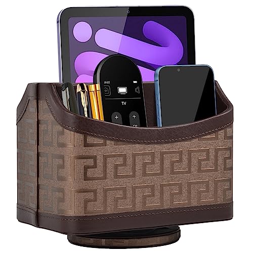 Leather Remote Control Holder 360°Rotatable,Bedside Nightstand Phone Caddy,Office Supplies Storage Box,Desk Organizer for TV Remote Controllers,CD,Pen,Mail,Media Player,Tablets(Coffee Gold) - color: Coffee Gold