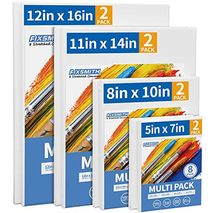 FIXSMITH Stretched Canvas, Multipack of 8, 5x7, 8x10, 11x14 & 12x16 Inches - 2 of Each, 100% Cotton, 8 oz Gesso-Primed, Art Supplies for Acrylic and Oil Painting. - size: Multipack-8Pack