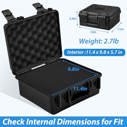 Hard Case with Foam, Interior- 11.4” x 9.8" x 5.7”, Waterproof Hard Case with Customizable Foam for Test Instruments Compact Cameras and Tools