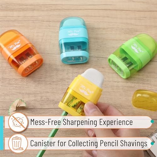 Mr. Pen- Pencil Sharpener & Eraser, 4 Pack - color: Yellow, Orange, Blue, Green, size: 4 Pack