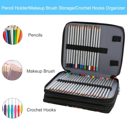 Canvas 120 Slots Pencil Case 3-Layer Zipped Holder w/Handle - color: Black, size: 120