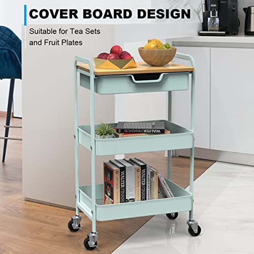 3 Tier Rolling Cart, Utility Cart with Drawer& Table Top, Mint Green - color: Mint Green