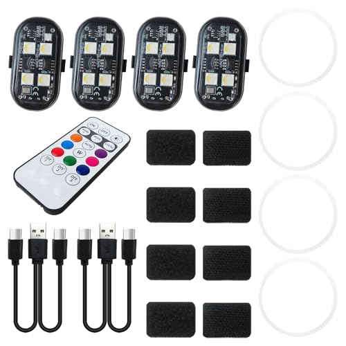 4x Wireless LED Strobe Lights, 8 Colors Lights, with Remote Control, Type-C Charging, LED Warning Light for Car Interior Motorcycle Drone Bike Decor