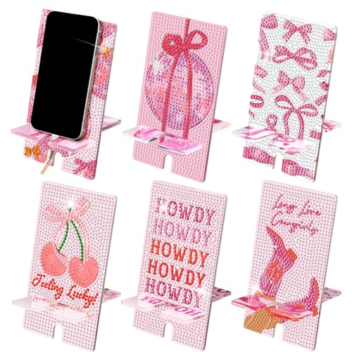Saillong 6 Pcs Pink Bow Diamond Art Phone Stand, Full Drill DIY Holder - style: Pink Bow