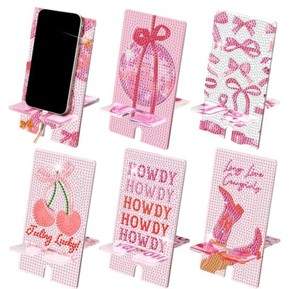 Saillong 6 Pcs Pink Bow Diamond Art Phone Stand, Full Drill DIY Holder - style: Pink Bow