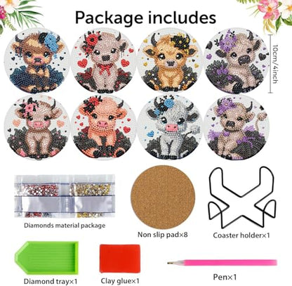 8 Pack Diamond Art Coasters,Highland Cow Diamond Painting Coasters Kits - color: Cow Coasters
