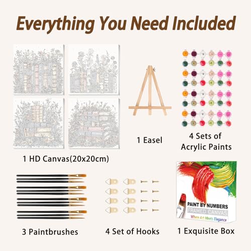 AUKELHJ 4 Pack Framed Paint by Numbers Kit for Adults, Book, 8x8 inch - color: 07-Book