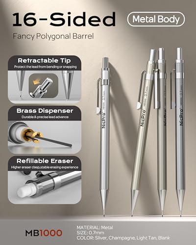 Nicpro 4 Pack Mechanical Pencil 0.7mm, MB1000 Metal Mechanical Pencil Set - style: 4 Pack （0.7mm）