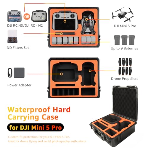 Waterproof Hard Carrying Case for DJI Mini 5 Pro Drone, Fly More Combo, Holds 9 Batteries, DJI RC 2/RC N3 Remote Controller, Charging Hub and Other Accessories | Shockproof, Dustproof