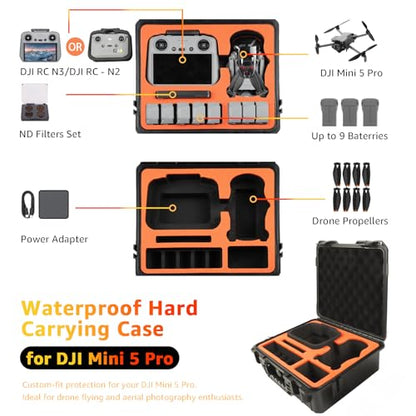 Waterproof Hard Carrying Case for DJI Mini 5 Pro Drone, Fly More Combo, Holds 9 Batteries, DJI RC 2/RC N3 Remote Controller, Charging Hub and Other Accessories | Shockproof, Dustproof