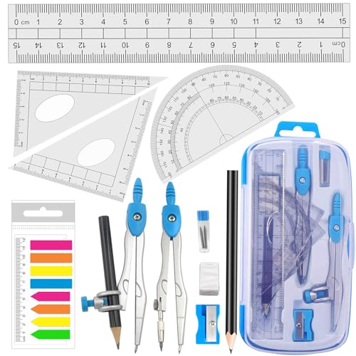 Akuoly Math Compasses Back-to-School Starter Geometry Kit with 2 Drafting Compasses Protractor Set Squares Ruler and More for Students Maths Study Homework, Blue Set with Carry Case