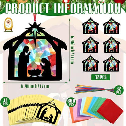 Eersida 32 Pcs Christmas Nativity Craft DIY Stained Glass Sun Catcher - style: Christmas B