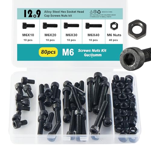 M6 x 10mm 20mm 30mm 40mm Hex Socket Head Cap Screws Bolts and Nuts, 12.9 Grade Alloy Steel, Black Oxide Finish, Metric Allen Drive, Fully Thread, Assortment Kit 80PCS - size: Socket M6x10-40mm+Nuts