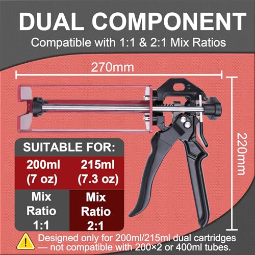 Epoxy Gun Dual Component 200ml – Manual 1:1 & 2:1 Ratio Adhesive Applicator for Epoxy, Urethane, Acrylic,High-Thrust 2-Part Adhesive Gun for Panel Bonding, Structural & Plastic Repair,Red - size: 200 ml/215 ml (1:1, 2:1)
