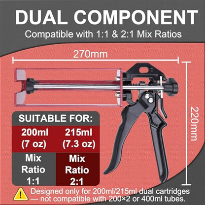 Epoxy Gun Dual Component 200ml – Manual 1:1 & 2:1 Ratio Adhesive Applicator for Epoxy, Urethane, Acrylic,High-Thrust 2-Part Adhesive Gun for Panel Bonding, Structural & Plastic Repair,Red - size: 200 ml/215 ml (1:1, 2:1)