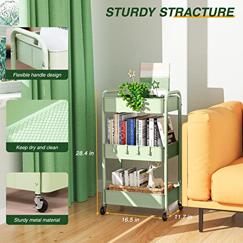 LEHOM 3 Tier Rolling Cart, Metal Rolling Utility Cart with Lockable Wheels - color: Green