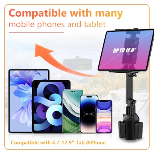 WUITIN Cup Holder Car Tablet Mount for Car, 360° Adjustable 15" Long 2-Arm Stand Holder for iPad,Samsung Galaxy Tab/Z Fold 4/3, iPhone 15/14/Pro, 4.7-12.9" Tab &Phone