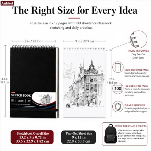 Ankkol Sketch Book 9x12, Top Spiral Bound Sketchbook,100 Sheets_68lb/100gsm